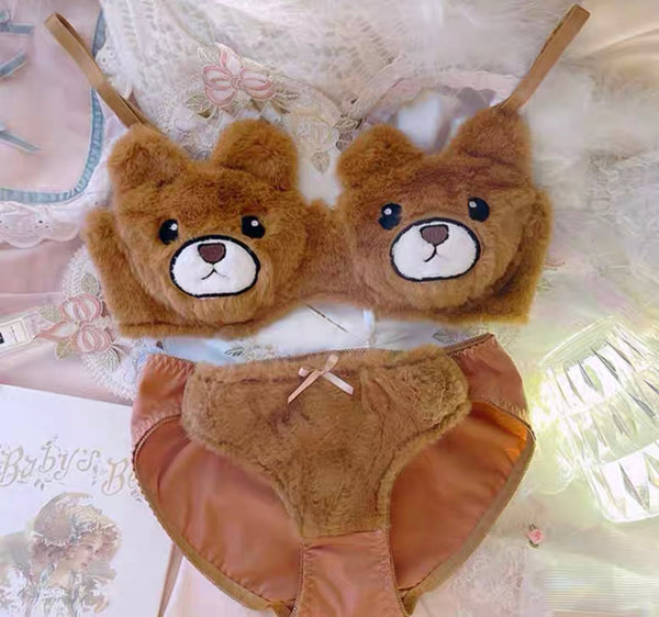 Cute Sweet Plush Bear Print Bra And Panty Set Winter Pure Desire