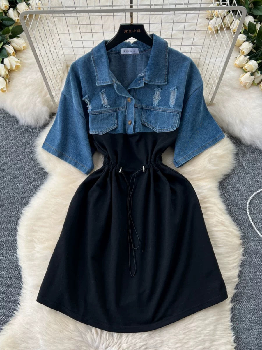 Black Duo Tone Denim Dress