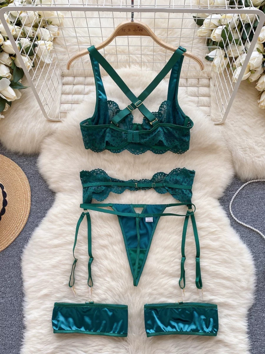 Dark green mesh lingerie set for women